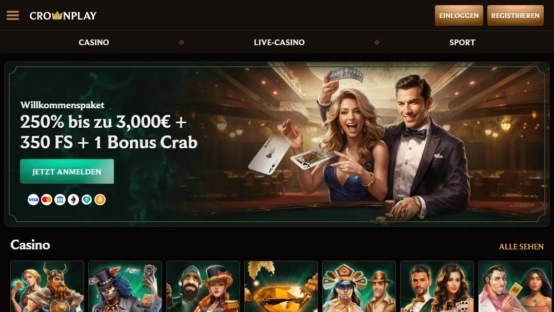 CrownPlay Casino Bonusangebot CrownPlay Casino Willkommenspaket mit 250 % Bonus bis zu 3000 €, 350 Freispielen und einem Bonus Crab