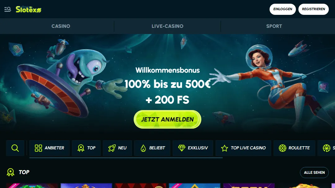 Slotexo Casino Willkommensbonus im Weltraum-Stil Slotexo Casino Willkommensbonus mit 100 % bis zu 500 € und 200 Freispiele, dargestellt mit animiertem Alien