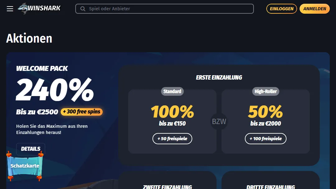 WinShark Casino Bonusaktionen Willkommensbonus von 240 % bis zu 2500 € + 300 Freispiele bei WinShark Casino – inkl. Einzahlungsdetails